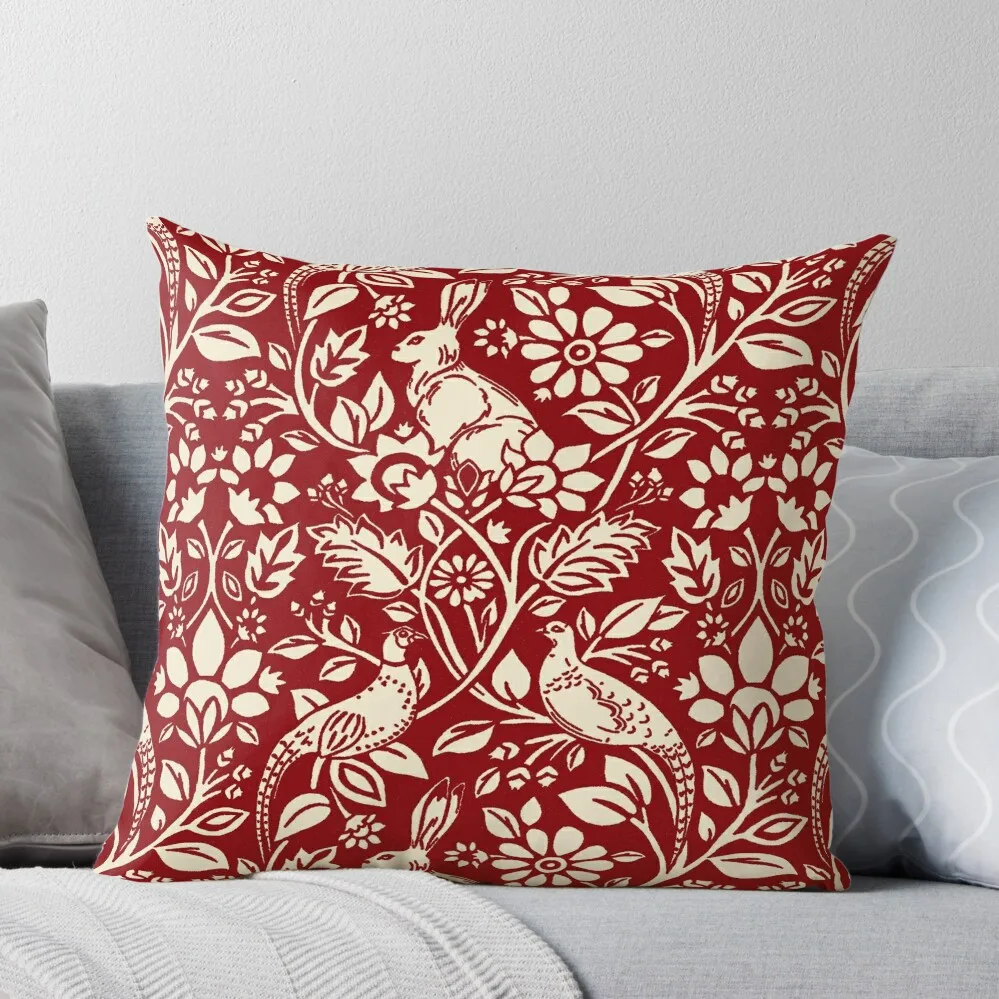 

Pheasant and Hare Pattern, Deep Red and Cream Throw Pillow Cushions Home Decor Christmas Pillowcase