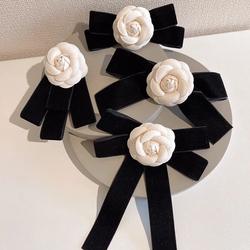 Korean Camellia Women's Bow Tie Brooch Retro College Style Shirt Collar Flower Fashion Velvet BowTie Corsage Pin Gift for Women
