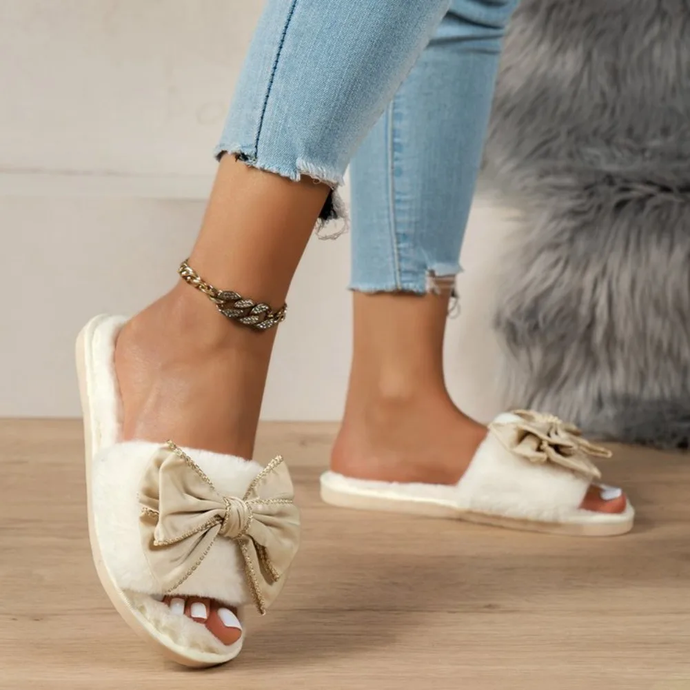 Cotton Slippers for Women in Winter, Cute Bow, Indoor Home Warmth Thick Bottom Anti Slip Open Mouth Slippers