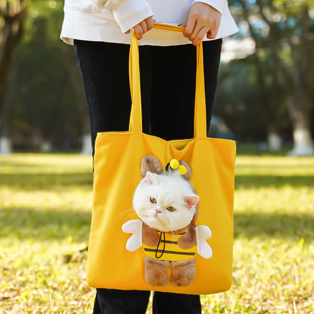 Pet Canvas Shoulder Bag Bee Rabbit Dinosaur Shape Cute Cat Carrier Portable Shoulder Carrying Bag Chest Cat Outdoor Tote