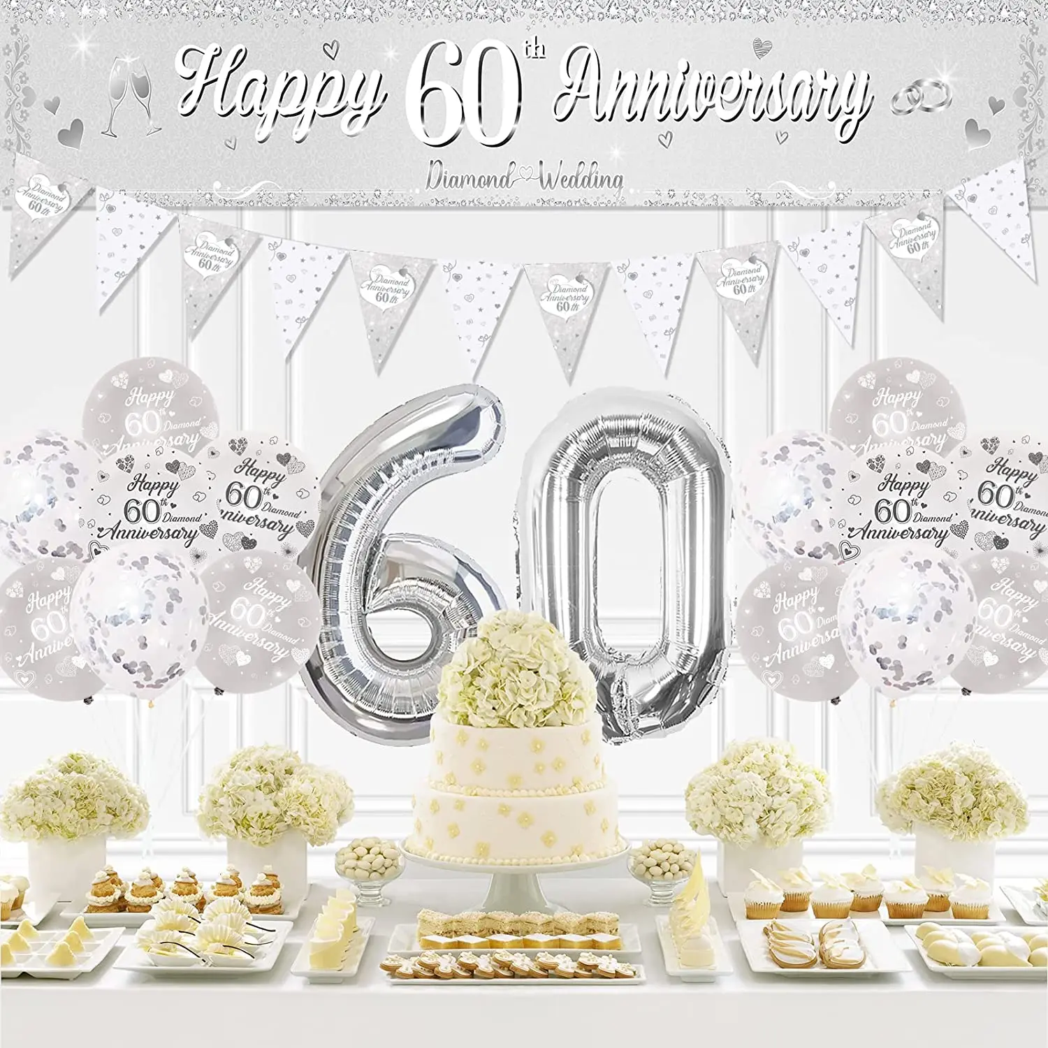 60th Diamond Wedding Anniversary Silver Decorations with Heart-shaped  Printing Balloon, Glitter Love Banner and Hanging Swirls - AliExpress