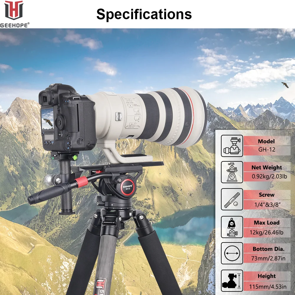 GEEHOPE GH-12 Fluid Video Head with 1/4" and 3/8" Screws Sliding Plate Max load 12kg for Video Cameras, DSLR,Tripod, Monopod