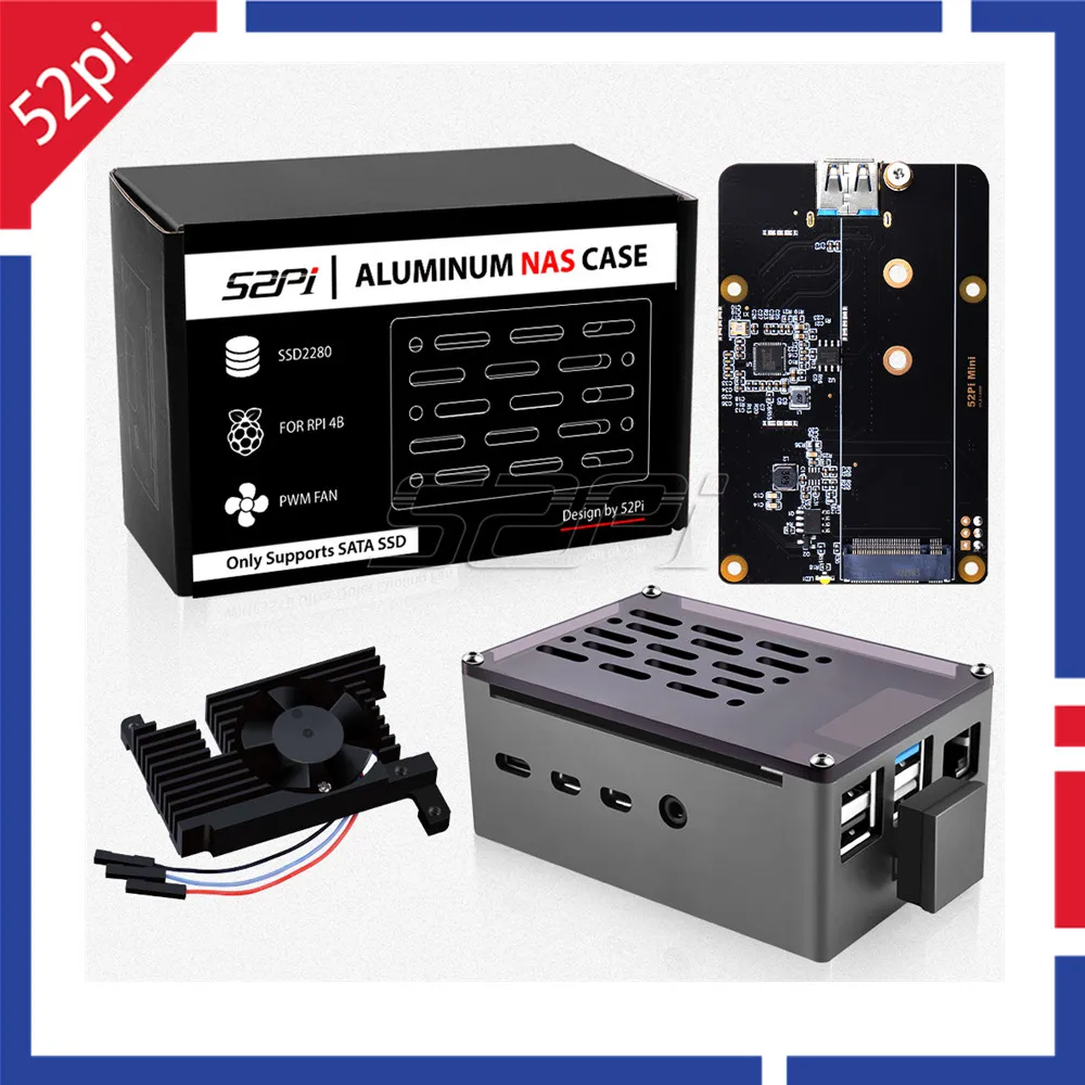 Alumínio Case Tijolo Enlosure Preto Escudo com Velocidade Ajustável 3510 Silencioso Ventilador de Refrigeração & M.2 Sata Ssd para Rpi 4b 52pi