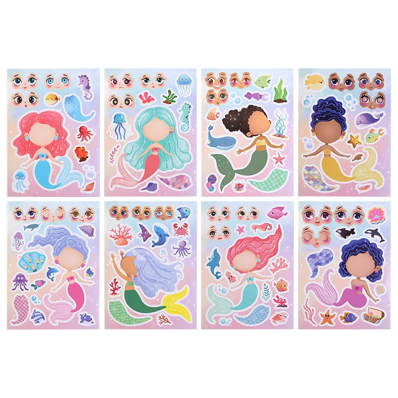 Cartoon Mermaid Puzzle DIY Make a Face Stickers Kids Mermaid Birthday Party Decoration Gift Game DIY Assemble Decal Jigsaw Toys