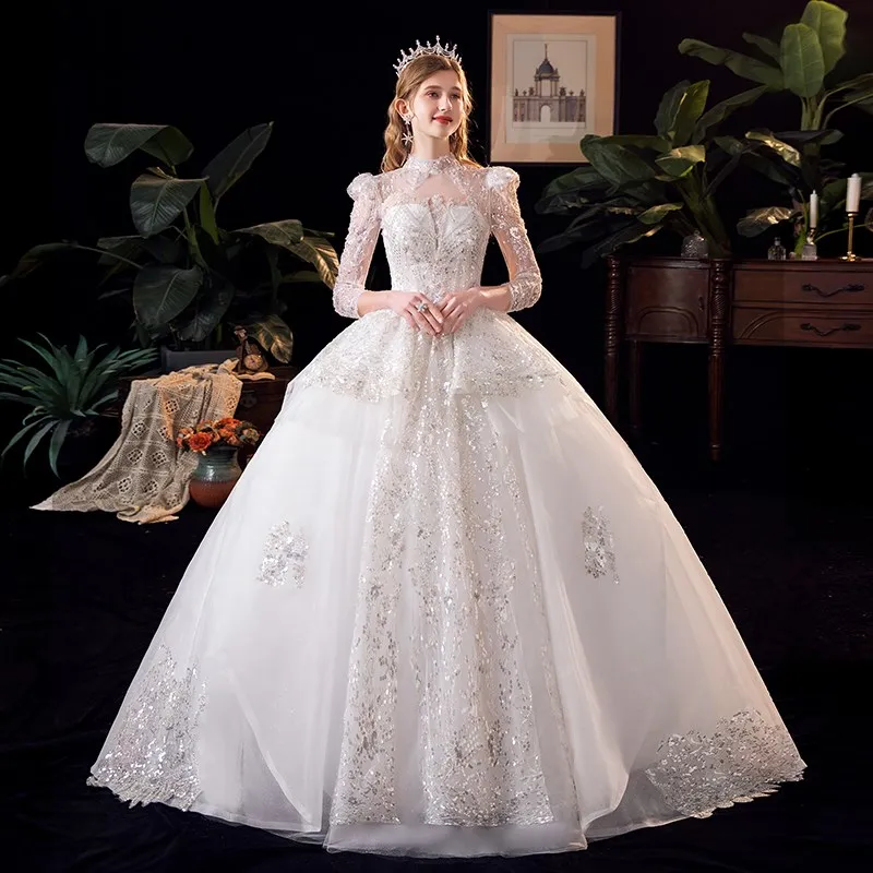 

Luxury Long Sleeve Beading Wedding Dress 2023 New High Waist For Pregnant Ball Gown Wedding Gowns Plus Size