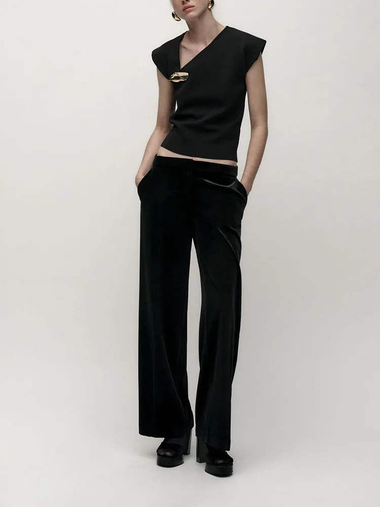 New Summer 2025 Women's Knitted Top Gold Embellied Versatile Asymmetrical Design Commute Sle Slim Fit Regular Length