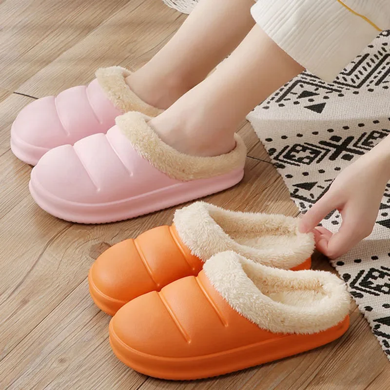 

Winter Women Men Fur Slippers Waterproof Warm Plush Household Slides Indoor Home Thick Sole Footwear Non-Slip Couple Sandals