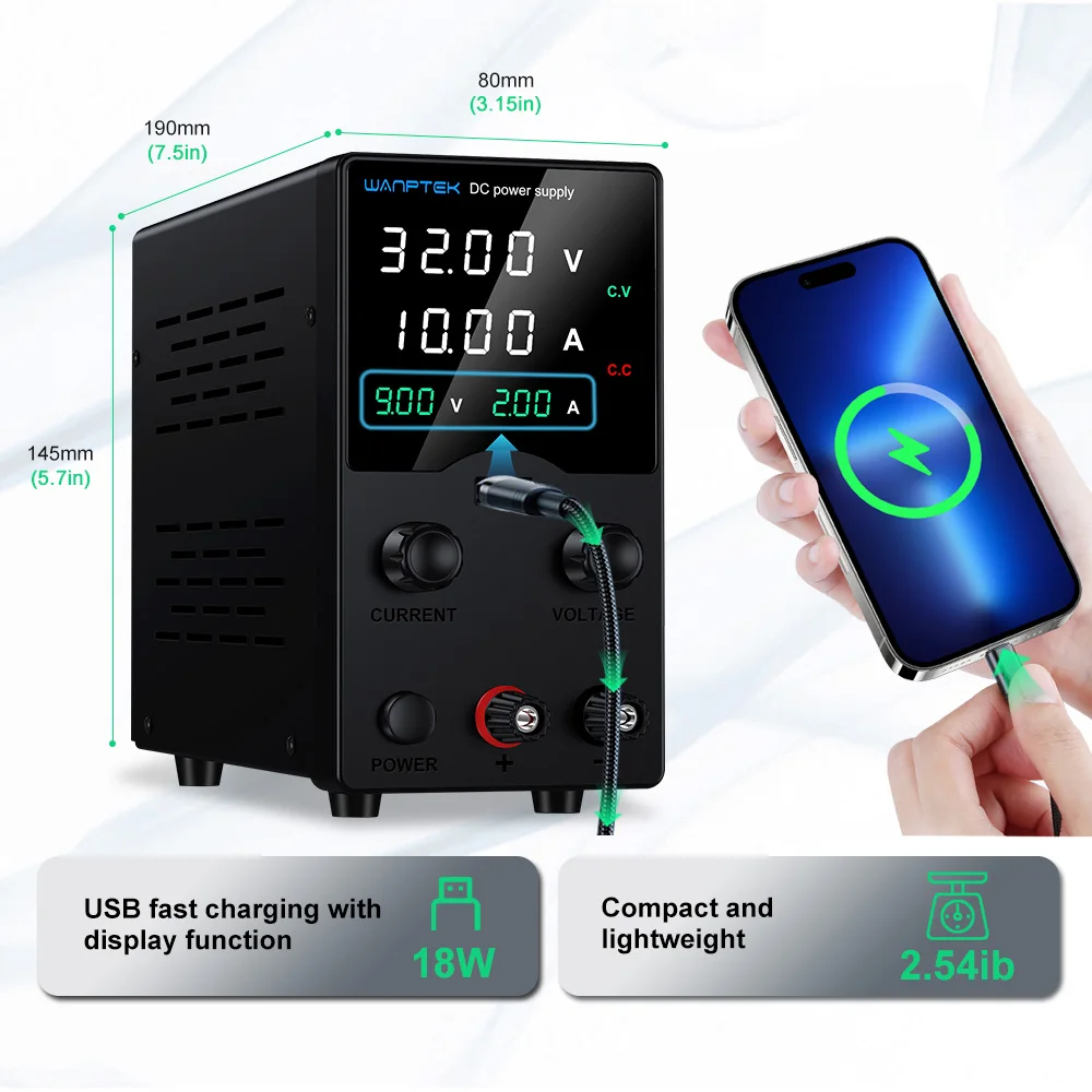 30 V 10 A einstellbares Gleichstromnetzteil mit USB-Schnellladeanzeige, Labornetzteil mit Encoder-Einstellung für die Reparatur von Mobiltelefonen – Detail 2