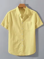 Chemise à manches courtes pour hommes simples de couleur unie 100% pur coton de haute qualité à la mode pour l'été, vêtements quotidiens décontractés, chemise douce respirante de coupe régulière d'affaires de couleur unie 3