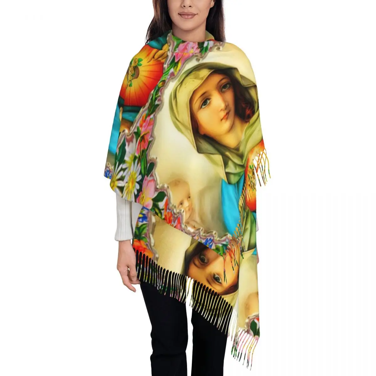 

Womens Scarf with Tassel Heart Of Virgin Mary Catholic Saint Large Winter Warm Shawl and Wrap Gifts Cashmere Scarf