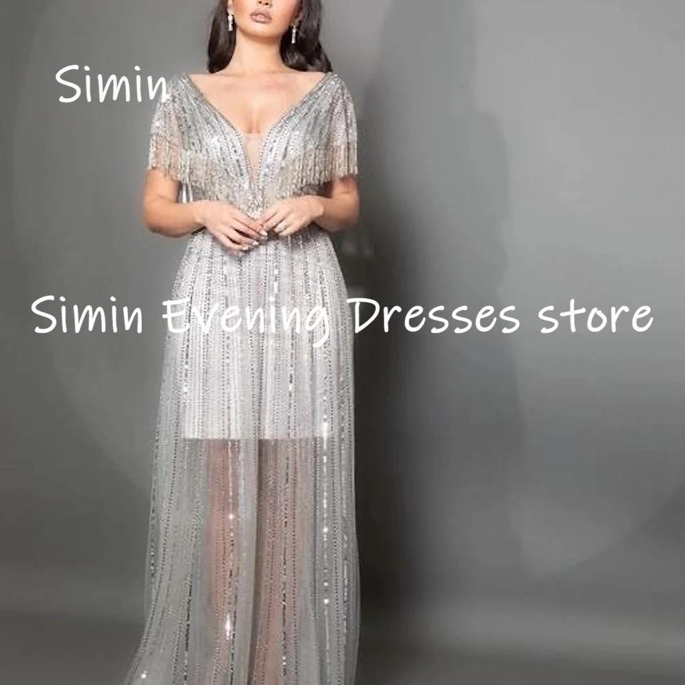 

Simin Tulle A-line V-neck Populer Sequins Ruffle Formal Prom Gown Floor-length Evening Elegant Party dresses for women 2023