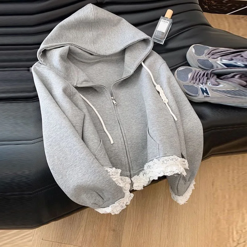 Lace Patchwork Sweet Hoodies Women Spring Preppy Style Long Sleeve Cute Sweatshirt Fashion Pockets Female Loose Korean Tops New