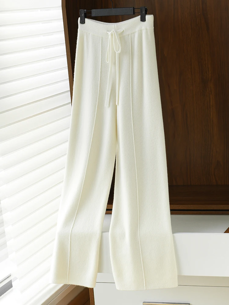 Wide Leg Pants Women 100% Wool Woman Trousers Elastic Waist With High Elasticity Fleeced Clothing 2024New Arrivals FashionTrends