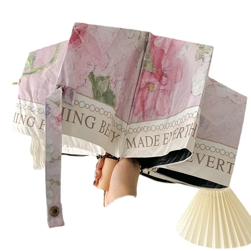 Umbrella Sunshade Protection UV Folding Advertisement Girl Parasol Flower Modern Luxury Retro Oil Painting Automatic Black Glue
