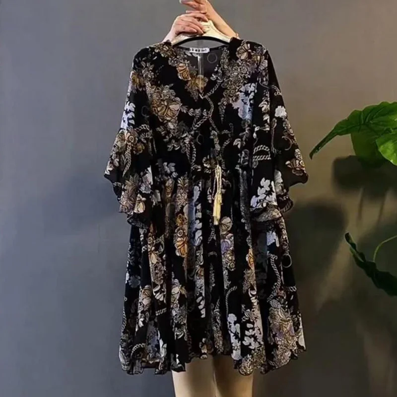 Plus Size Spring Summer Women's Clothing Beach Printing Flare Half Sleeve Fashion V-Neck Floral Chiffon Loose Midi Dresses 6XL
