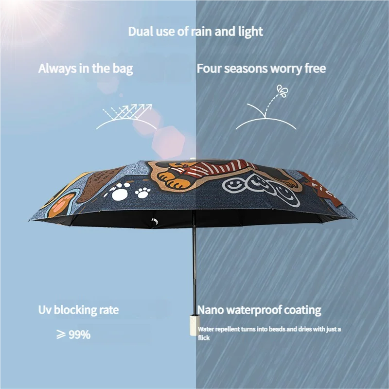 Charming Dachshund Patterned Compact Auto Umbrella - Windproof Design with Sun Protective Black Lining