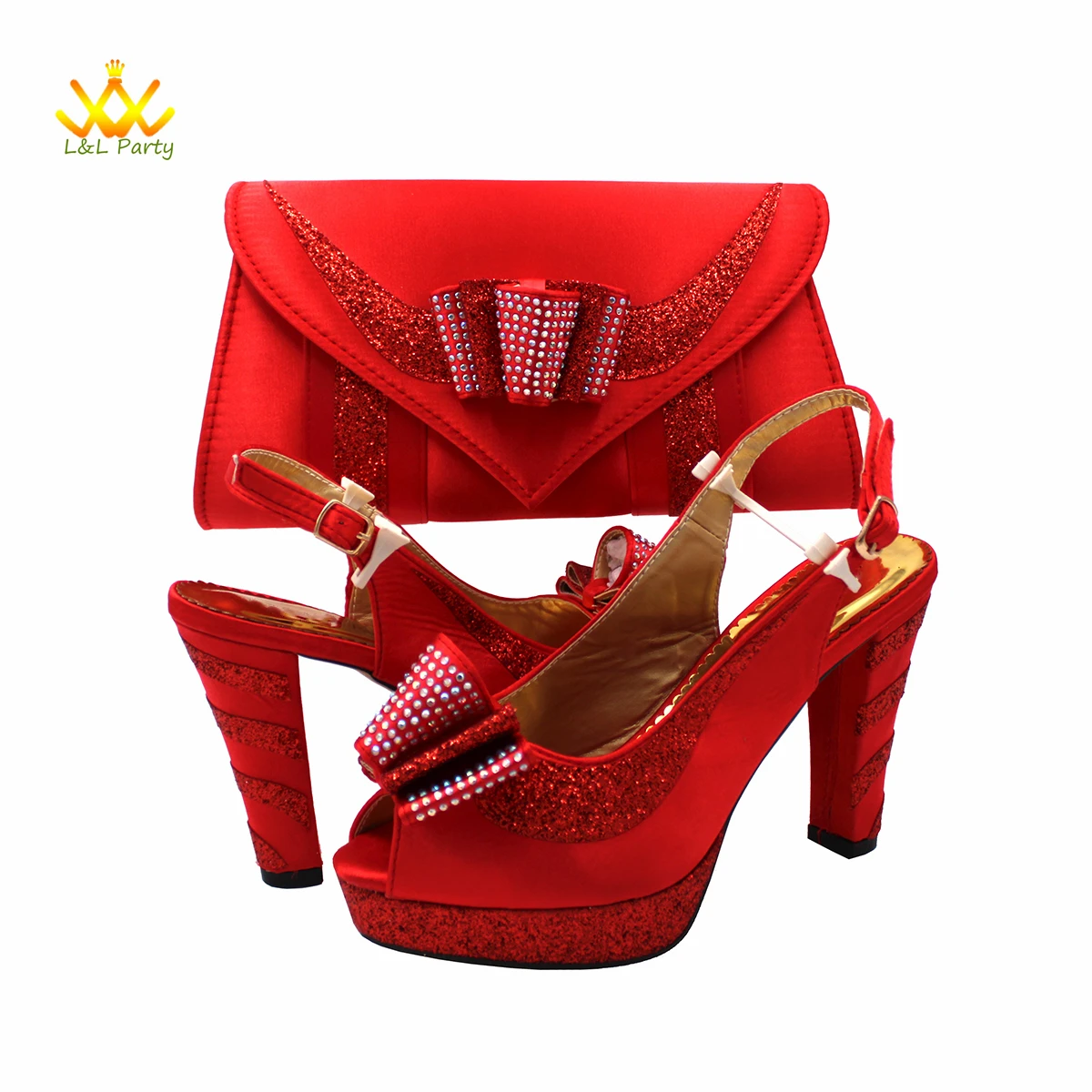 New Fashionable Peep Toe Shoes Matching Bag Set Decorated with Crystal Style For Offices Ladies in Dress