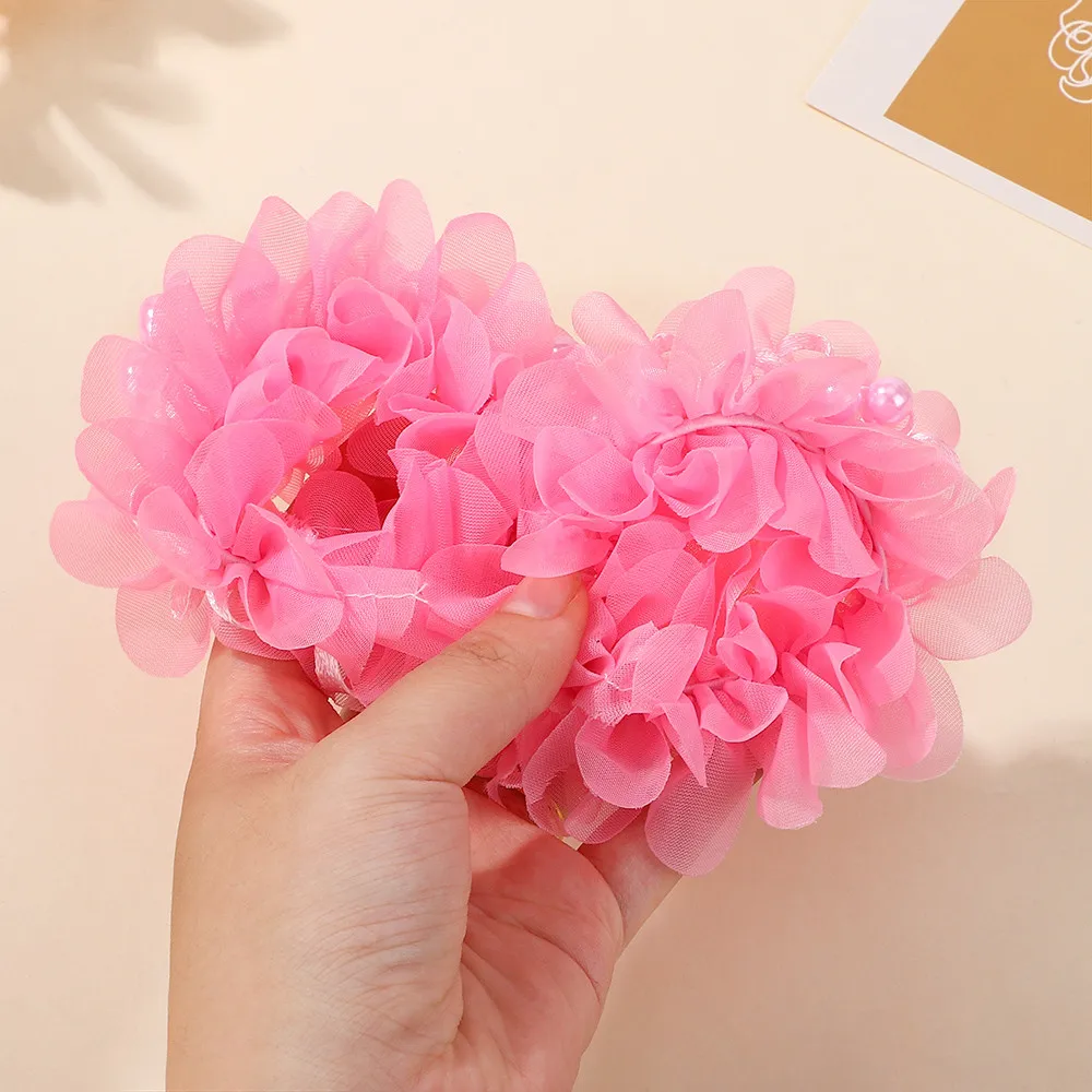 2Pcs Glirs Cute and Sweet Chiffon Flowers Headband Hair Accessories with Elastic Bands Colorful Beads Hair Bands Holiday Gifts
