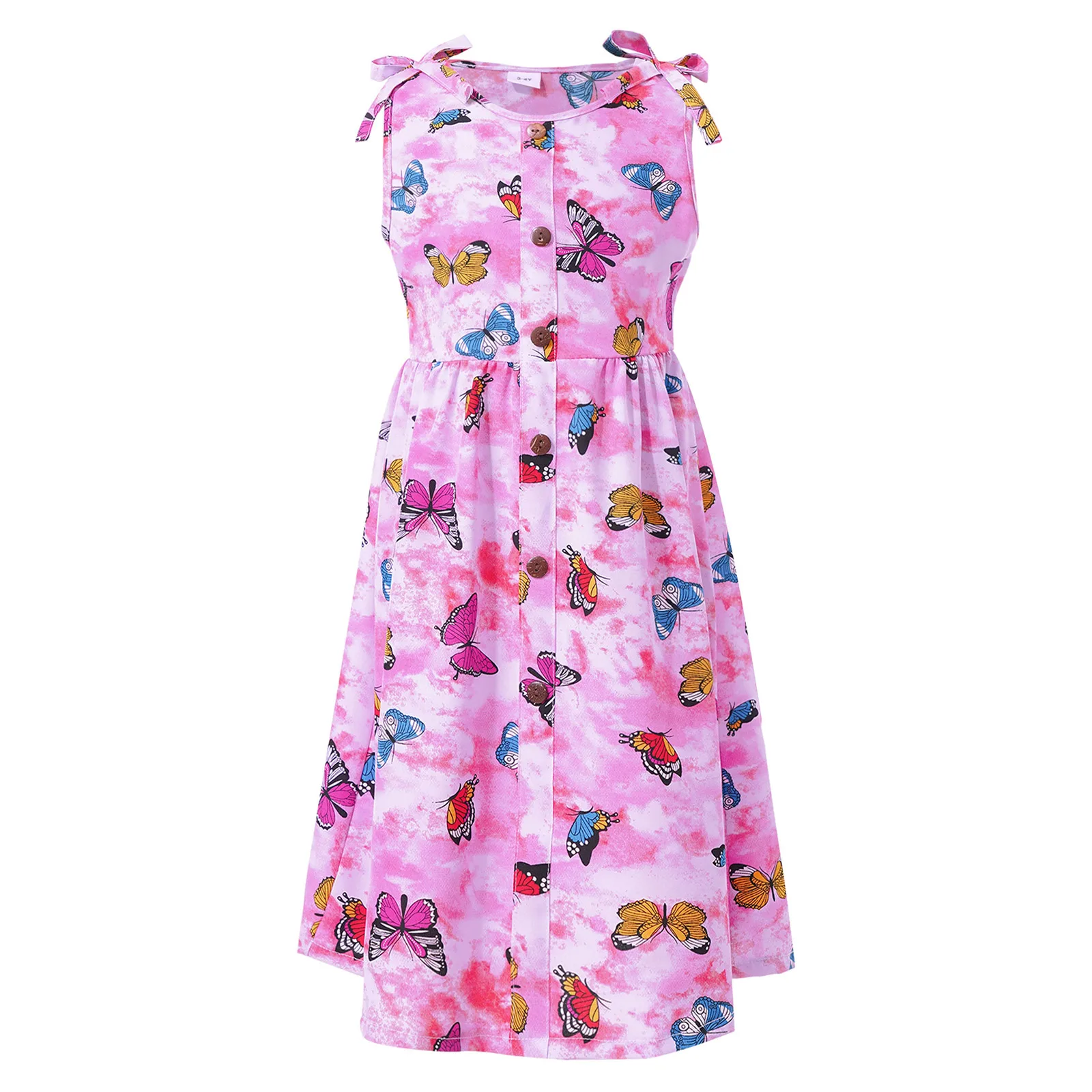 

Summer New Kids Girls Butterfly Print Sundress Sleeveless Dresses Casual Daily Wear Round Neck Bowknot Wood Buttons A-Line Dress