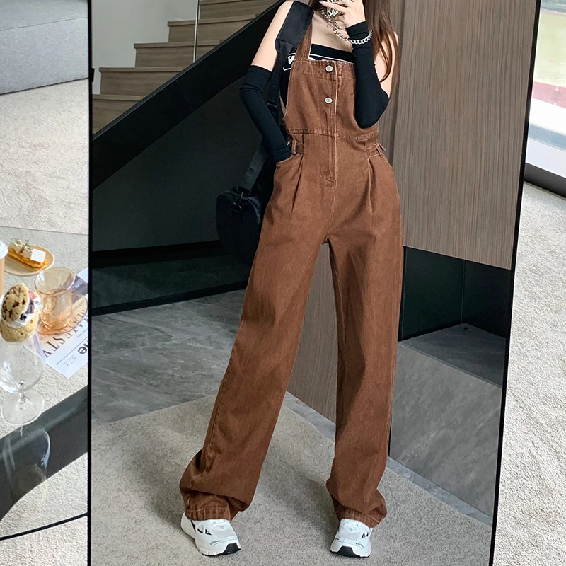 Retro Dark Brown Denim Overalls For Women Clothes Casual 2023 Summer Jeans Jumpsuit Vintage Korean Female Playsuits Trousers Y2k