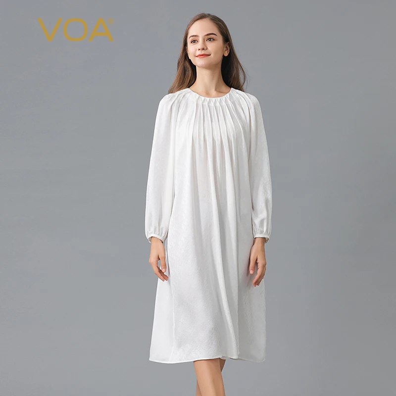 

VOA White Silk Jacquard Three-dimensional Decoration O-neck Dresses Women Raglan Long Sleeves Loose Casual Silk Dress New AE1657