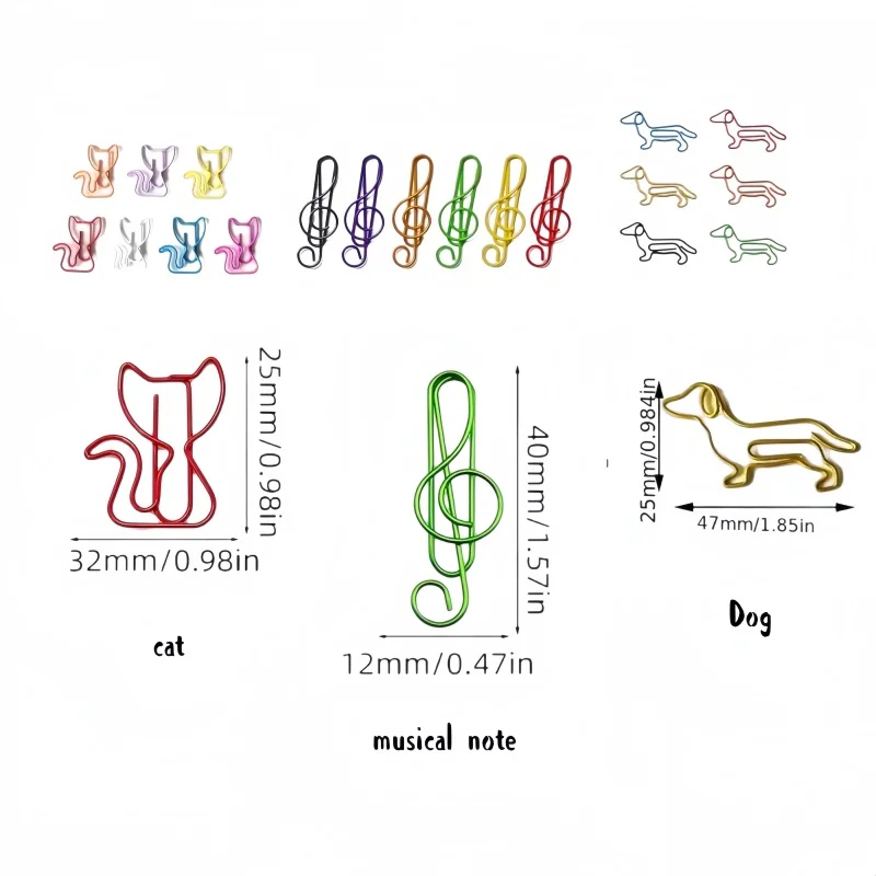 20/50Pcs 개 고양이 트레블 클레프 종이 클립 혼합 색상 금속 참신한 종이 클립 사무실 학교 용품을위한 카와이 문구류