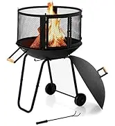 Giantex 28" Portable Fire Pit on Wheels, Outdoor Mobile Wood Burning Firepit w/Log Grate, Fire Po...