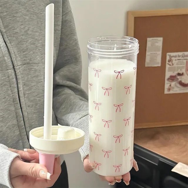 500/850ML Pink Bow Straw Water Bottle With Lid Cute Coffee Bubble Milk Tea Plastic Cup For Outdoor School Drinking Water Bottles 5