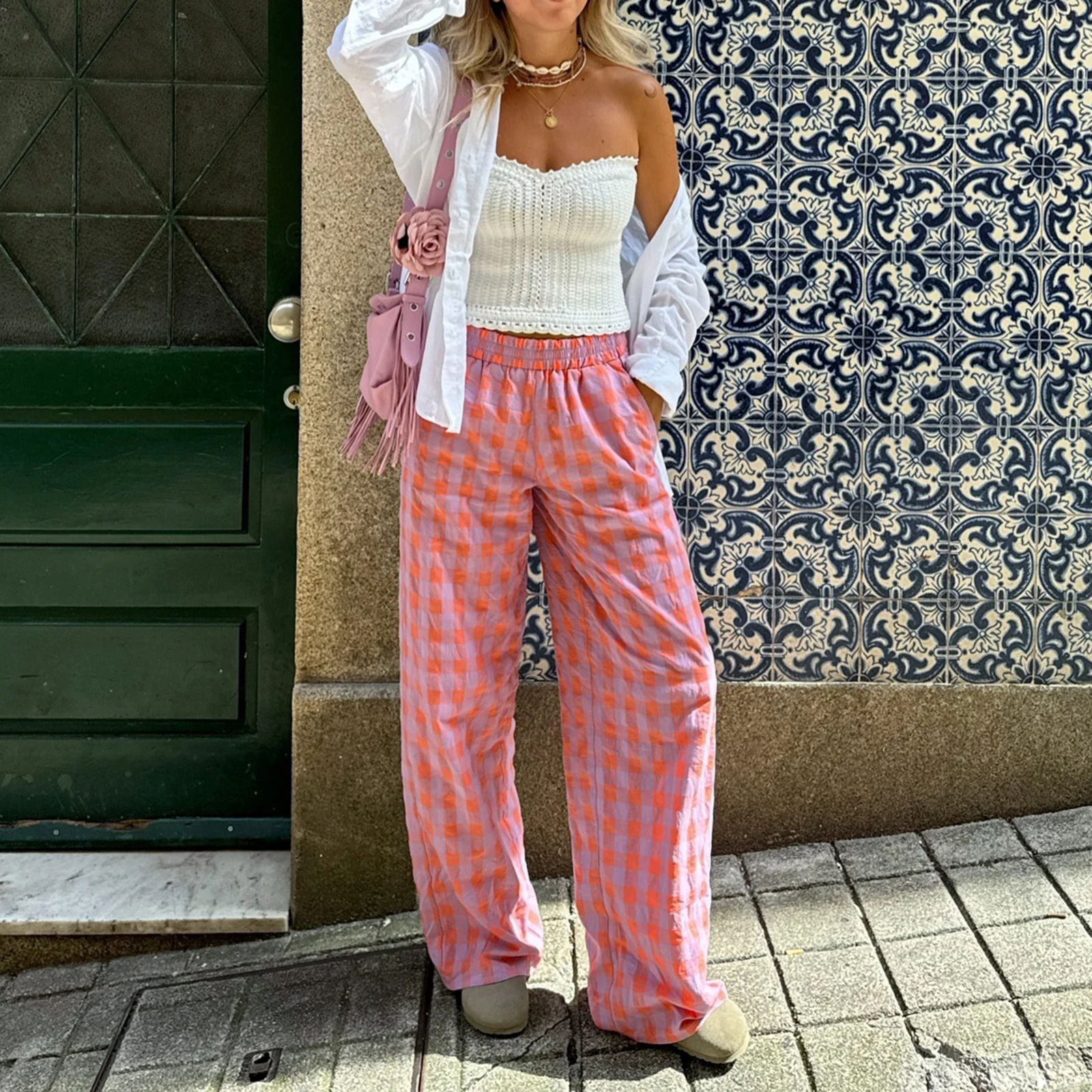 Combhasaki Women's Y2K Vintage Plaid Print Long Pants Elastic High Waist Wide Leg Loose Casual Aesthetic Trousers with Pockets 6