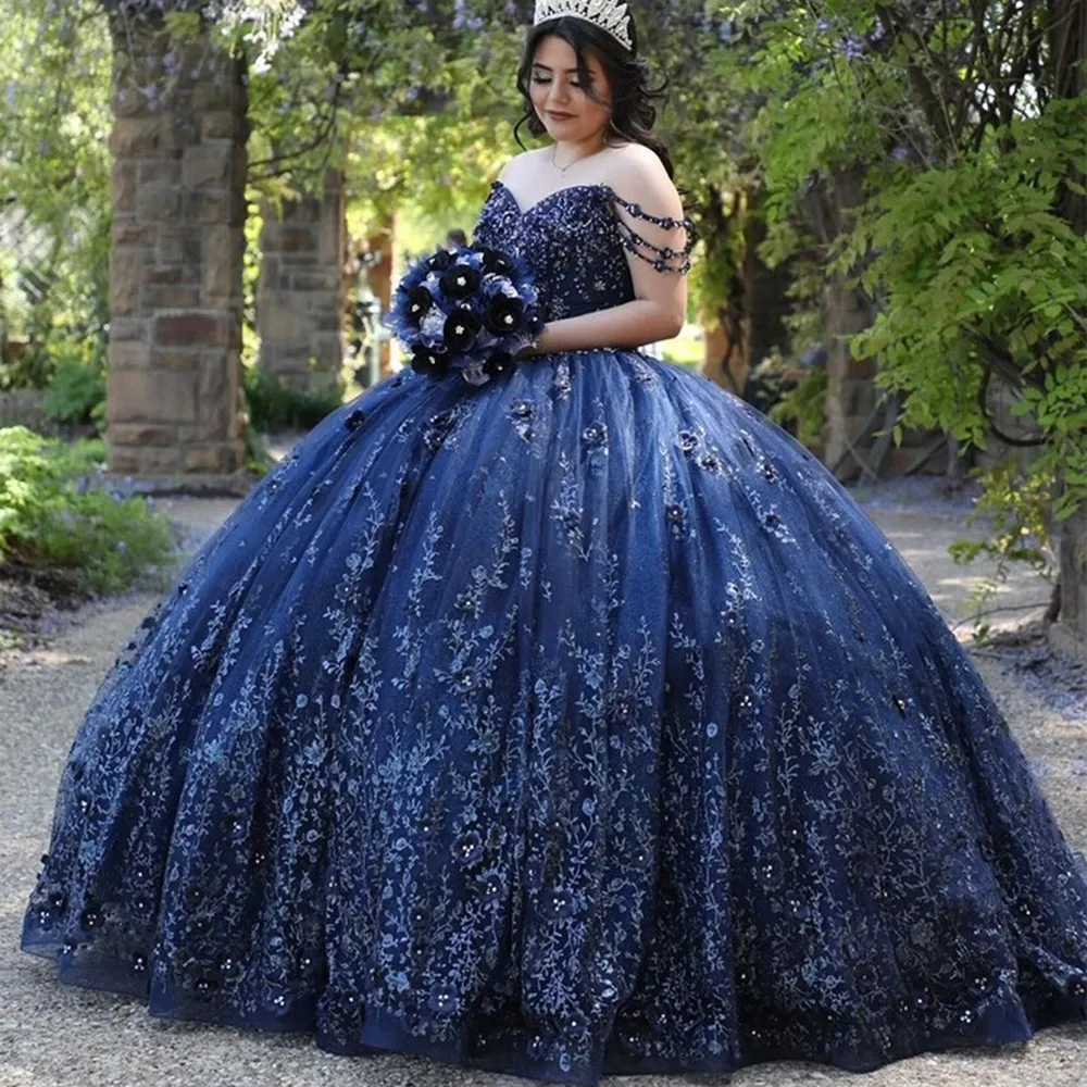 Navy Blue Sweet 16 Quinceanera Dress with Cape 2022 Off Shoulder Beading  Appliques Princess Party Gown Vestidos De 15 Años