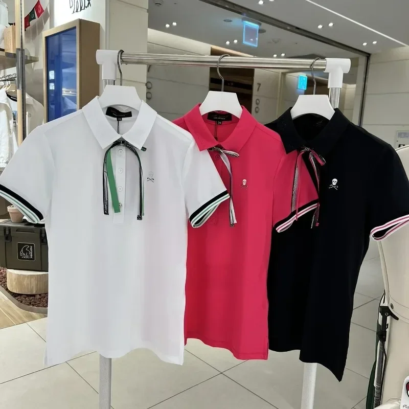 

2024 Summer Golf Shirt Women Lapel Bow Short Sleeve Golf T-shirt Woman Casual Fashion Golf Top