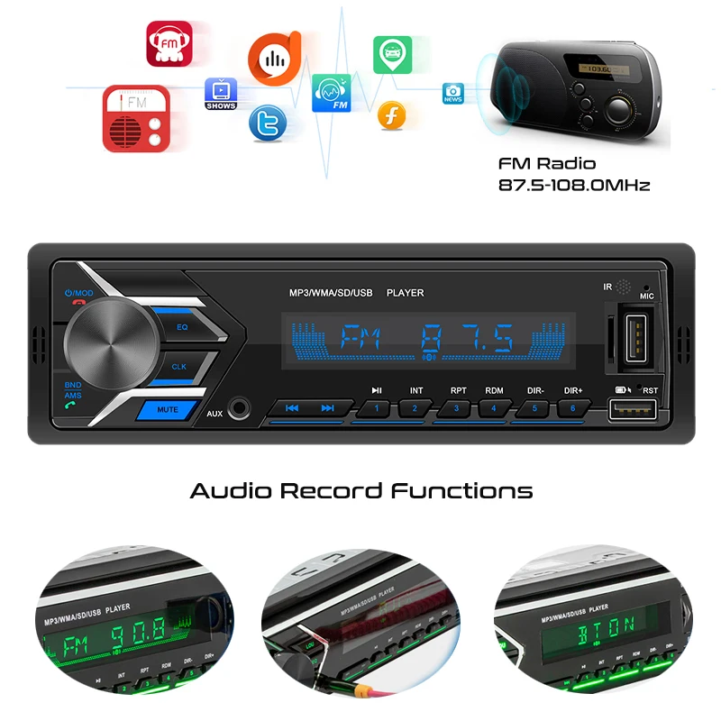 1 Din Car Radio Bluetooth USB MP3 Player HandsFree Stereo A2DP Music Charging TF Aux Audio Record 7 Color Lighting Head Unit 503