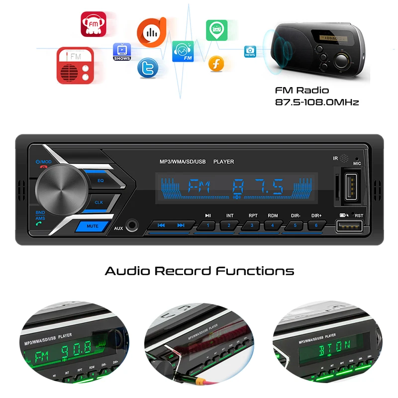 1 Din Car Radio Bluetooth USB MP3 Player HandsFree Stereo A2DP Music  Charging TF Aux Audio Record 7 Color Lighting Head Unit 503