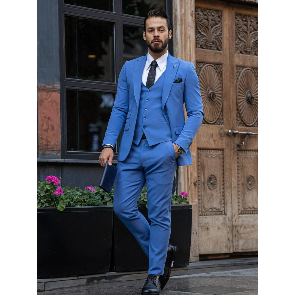 

Tailor-Made Men Suits Solid Color Peaked Lapel Single Breasted Blue Brown Skinny 3 Piece Jacket Pants Vest Fashion Blazer Slim