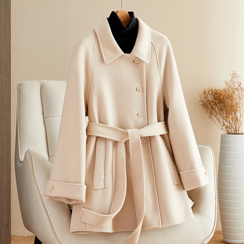 

2023 Autumn/Winter New Double sided Zero Cashmere Coat Women's Short Hepburn Style Woolen Coat High end Small stature