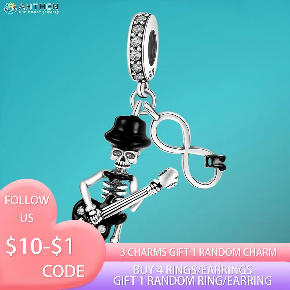 

Ahthen 925 Sterling Silver Beads Eternal Guitar Skeleton Charm fit Original Pandora Bracelets Fashion Fine Jewelry Gift