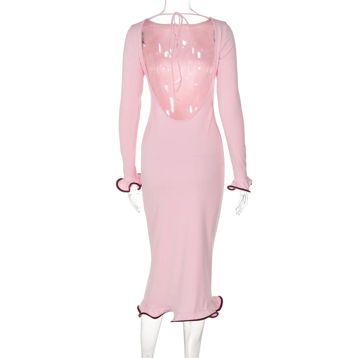 Sexy Slim Long Dress For Women Ruffled Splice Dress Backless Long Sleeve Contrast Color Autumn Fashion Gown Dresses Lady