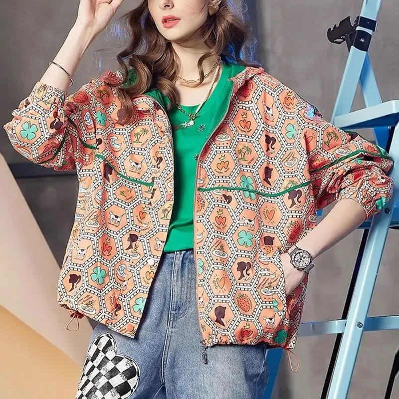 Commute Printed Casual Loose Jackets 2023 Spring Autumn Korean Female Clothing Long Sleeve Stylish Zipper Hooded Spliced Coats