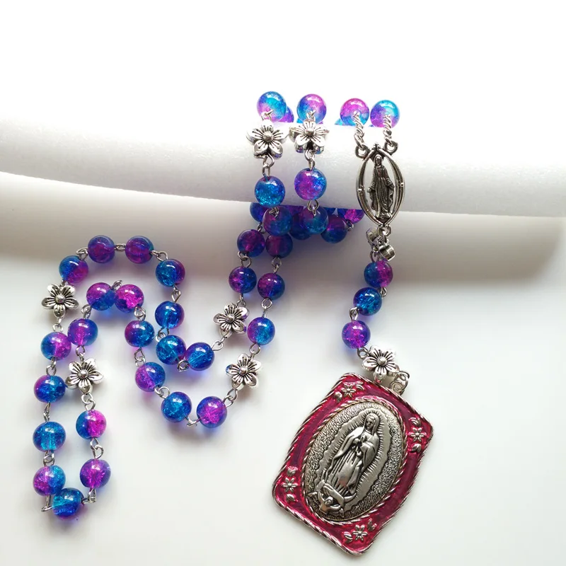 Vintage Rainbow Crackle Rosary Necklace for Women Virgin Mary Religious Pendant Jesus Bluish Violet Prayer Beads Square Card 8mm