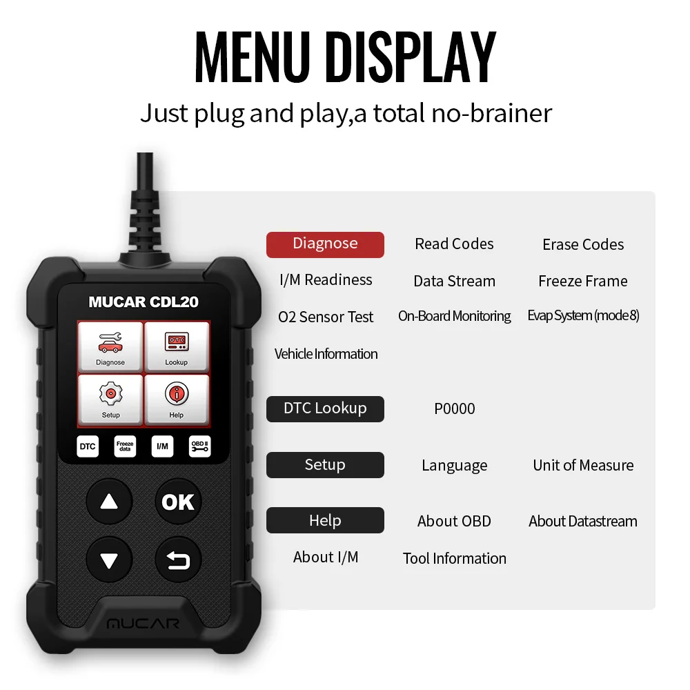 MUCAR CDL20 OBD2 ĳ, ڵ ڵ , ̺     , DTC  I/M غ OBDII ĵ 