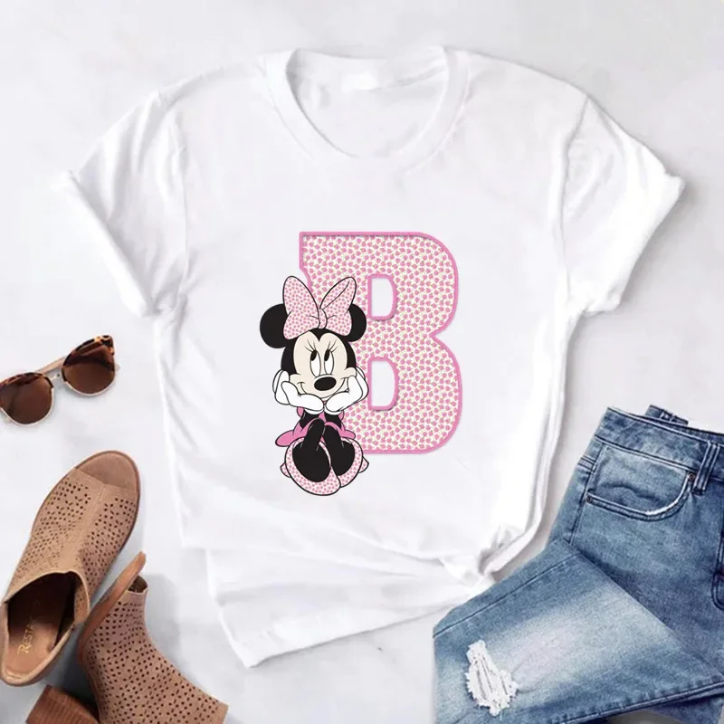 thumbnail image 1 of Camisetas de algodón de manga corta de verano para niños, camiseta rosa con letras de Minnie Mouse, fuente ABCDEFG, divertida y bonita para niño y niña, 1 of 4