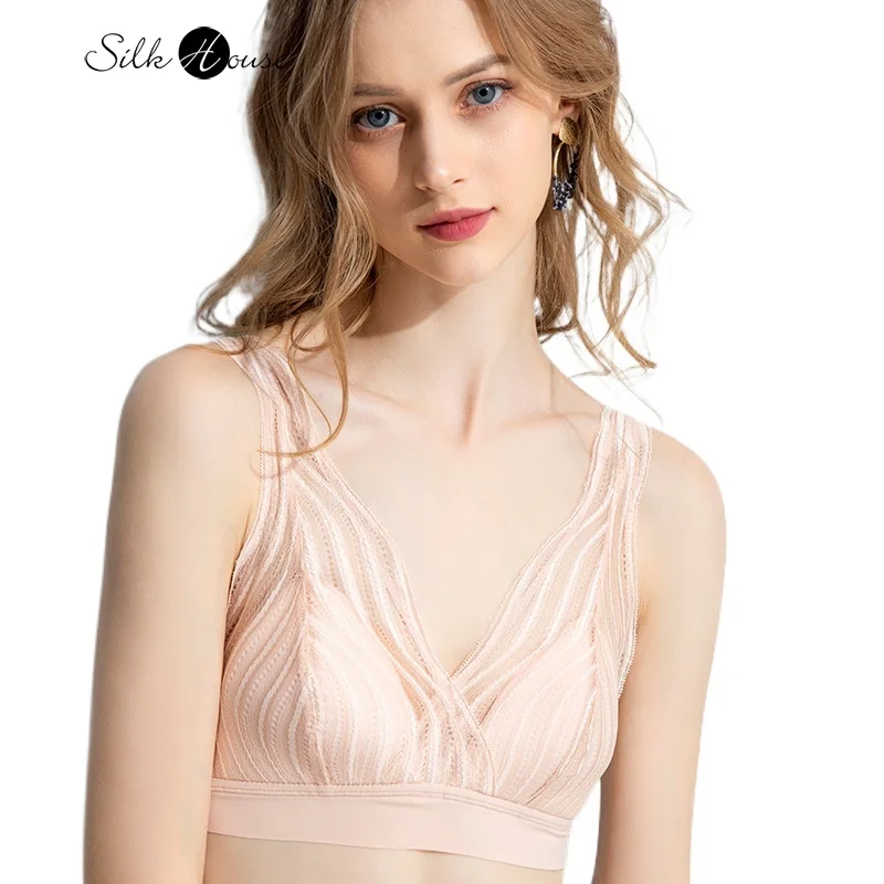2023 Fashionable New French Silk Bra Without Steel Ring Lace Sexy Natural Mulberry Silk Underwear