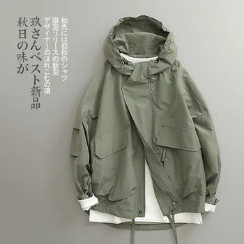 용수철 가을 바람막이 재킷 남성용, 일본 빈티지 패션, 입체 후드, 느슨한 남성 코트, 봄버 재킷, 남성 의류