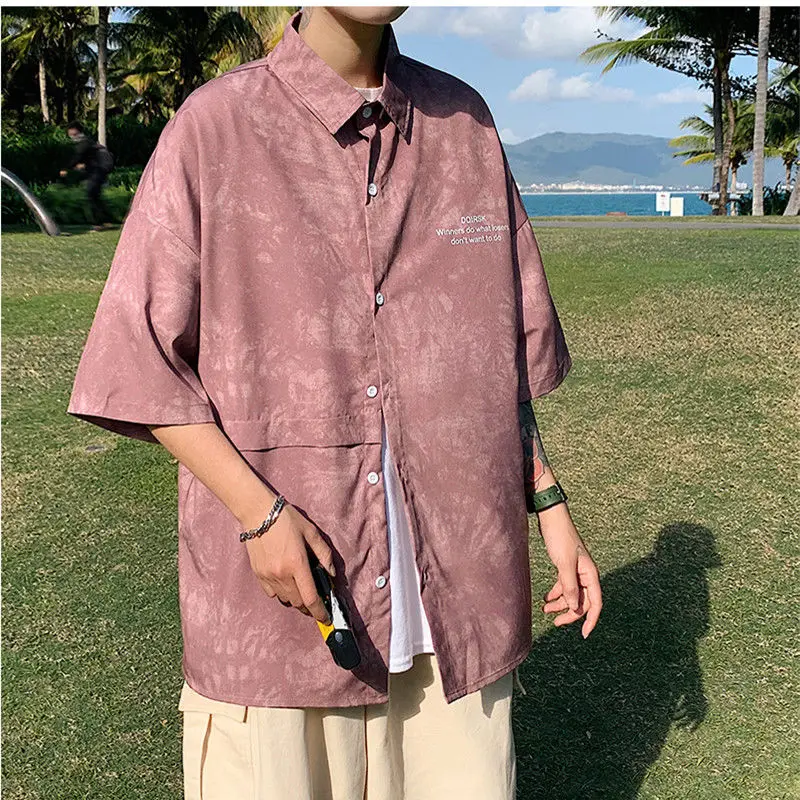 Shirts Men Turn-down Collar Loose Spring Summer Thin Tie Dye Button Short Sleeve Pockets Fashion Casual
