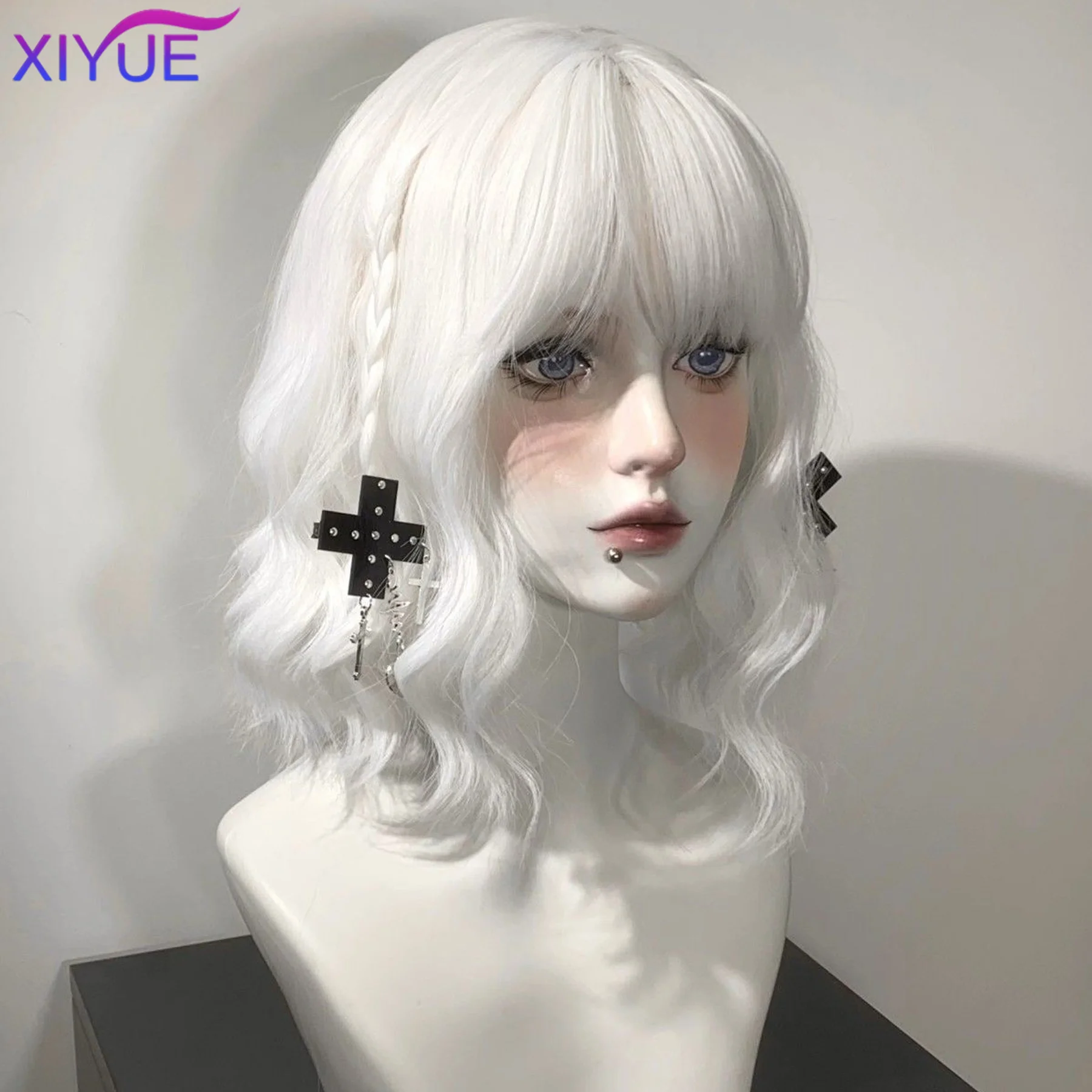 XIYUE Short Straight Bob Wigs for Women white Synthetic Natural Hair Wig with Bangs Heat Resistant Cosplay Daily Use Hair