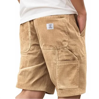2025 American European New Fashion Men's Solid Color Corduroy Knee Length Shorts Casual Trendy Multi Pocket Sorts Male Summer 1