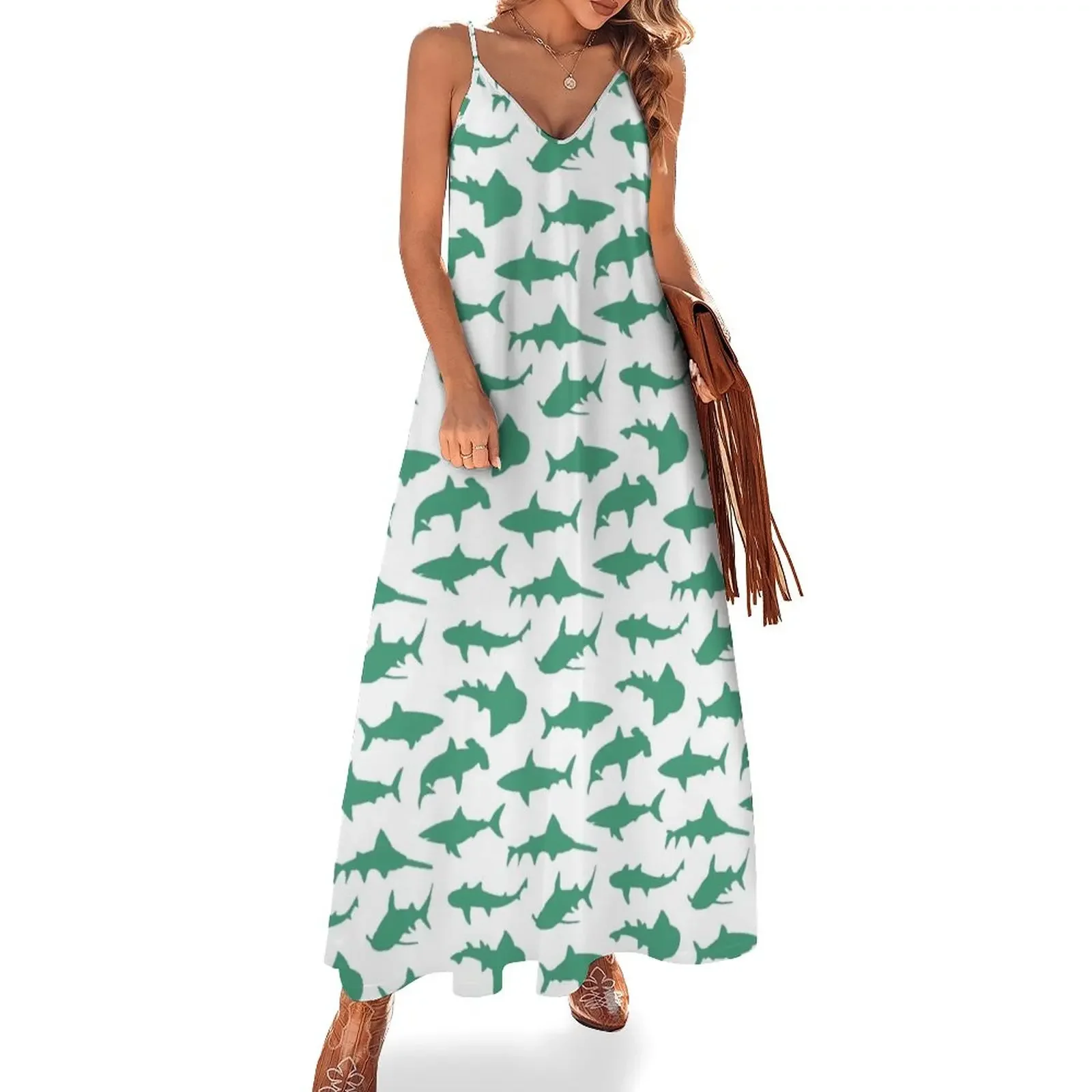

Sharks in Ocean Green Sleeveless Dress evening dress women women long dresses