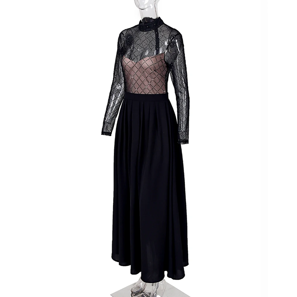 Elegant Lace Embroidered Maxi Dress with High Neckline and Sheer Sleeves for Women Vintage Style Evening Gown for Formal