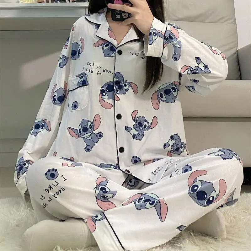 New Stitch Disney Faux Cotton Pajamas Spring Autumn Cartoon Female Pyjamas Kawaii Suit Long Sleeves Winter Home Sleepwear Gift