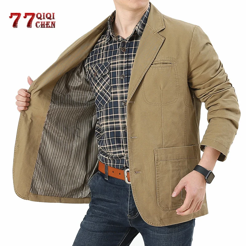 

Блейзер Мужской Хлопковый, стирка, повседневный облегающий Роскошный деловой костюм, пиджак в стиле милитари, 5XL